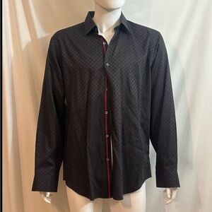 Bugatchi Black Checkered Shirt with Red Trim